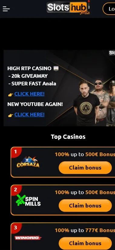 Top Casinos mobile screen with 100% bonuses up to 500€ and 777€, click to claim